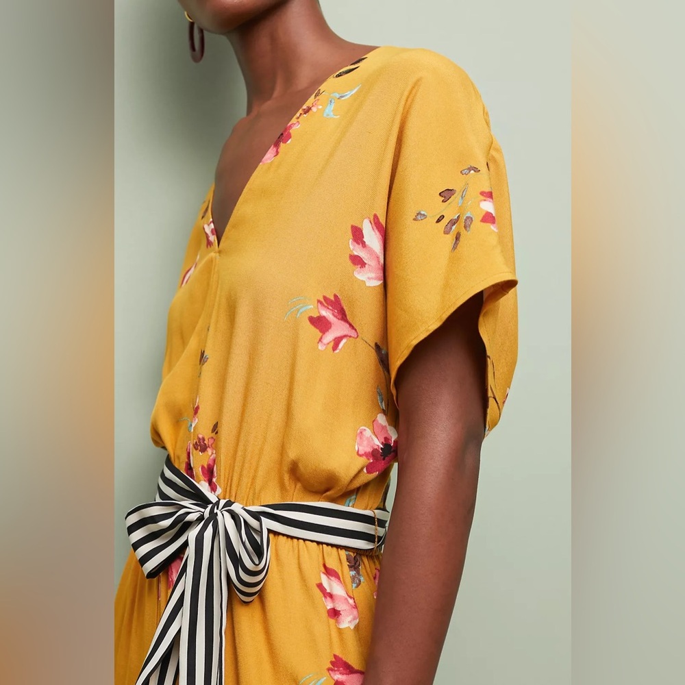 Corey Lynn Calter Anthropologie Jumpsuit Dress Mustard Yellow Floral Summer XS